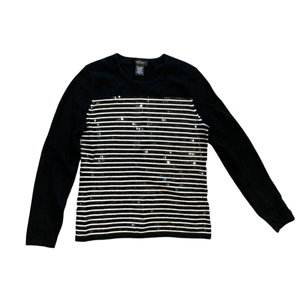 Lord & Taylor Cashmere Sweater, Black w/ white stripes, sequins, size M